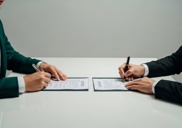 Two individuals in formal attire signing contracts at a white table, emphasizing professionalism and agreement.